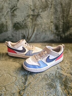 Nike Kids Court Borough Low Recraft Low-Top Sneakers in White, Beige, Blue & Red